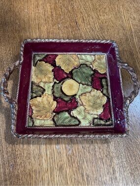 Decorative Leaf Ceramic Serving Tray - Burgundy Accent